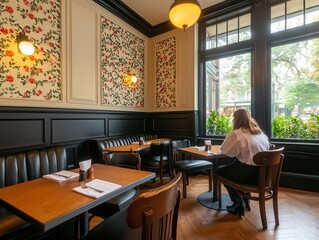 Elegant Victorianinspired twostory coffee shop with floral wallpapers, antique furnishings, and soft lighting