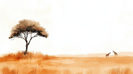 Poster - Giraffes grazing near a solitary tree in a golden grassland under a bright sky during the afternoon. Generative AI