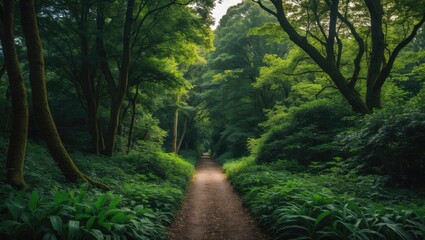 Wall Mural - natural pathway through dense green forest with sunlight filtering through trees and lush vegetation