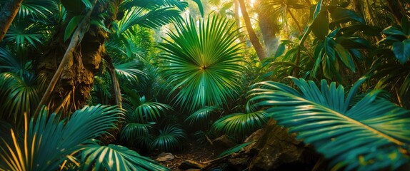 Wall Mural - lush dense tropical jungle with vibrant green palm leaves and sunlight filtering through trees with 