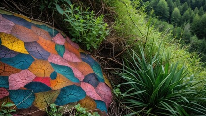 Sticker - Colorful patterned leaves on a rock surrounded by lush green vegetation in a forest setting with blurred background and natural lighting. Copy Space.