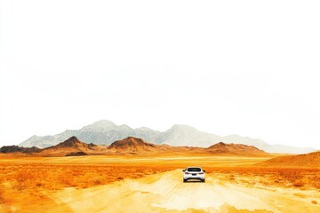 Aufkleber - Driving through a warm desert landscape with distant mountains under a bright sky. Generative AI