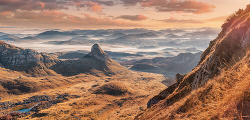 Wall Mural - Stunning sunrise illuminating fog over sedlo pass in Durmitor national park, Montenegro