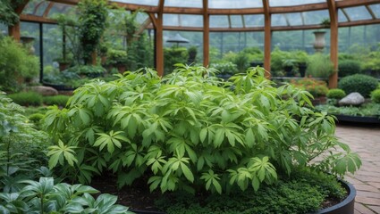 Sticker - Lush green foliage of diverse plants in a well-designed greenhouse with natural light and wooden structure Copy Space