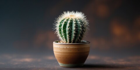 Poster - Cactus plant in a decorative pot on a blurred background with warm tones and soft lighting suitable for minimalistic decor Copy Space