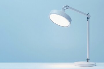 Poster - Modern desk lamp illuminating a light blue workspace in a minimalistic setting during daytime. Generative AI