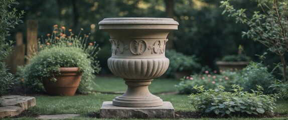 Poster - Stone garden planter with decorative design surrounded by lush green foliage in a tranquil outdoor setting with soft natural light and Copy Space.