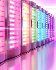 Poster - A vibrant display of illuminated server racks in various colors, showcasing a modern data center's aesthetic appeal.