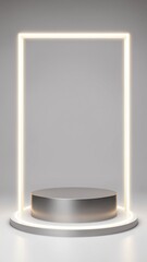 Aufkleber - Silver Pedestal of platform display with neon modern stand podium on white room background. Blank Exhibition stage backdrop or empty product shelf. 3D rendering