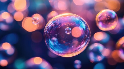 Poster - Soap bubbles floating showing vibrant colors with bokeh effect