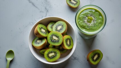 Canvas Print - Fresh sliced kiwifruit in white bowl next to green smoothie on gray marble surface with small green spoon and whole kiwis scattered around.