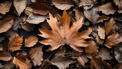 Canvas Print - Autumn leaves background with a prominent maple leaf among dry foliage on a dark surface copy space