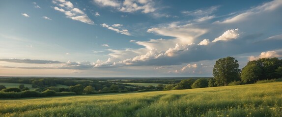 Wall Mural - Panoramic view of green agricultural landscape with foreground grass and distant trees under a blue sky with clouds Copy Space