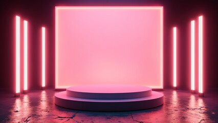 Aufkleber - Pink neon light product background stage or podium pedestal on grunge street floor with glow spotlight and blank display platform. 3D rendering