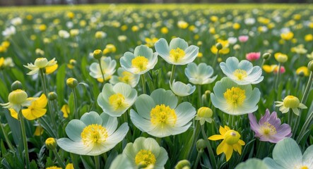 Canvas Print - Colorful field of blooming flowers with yellow and light green petals in a vibrant garden landscape with copy space.