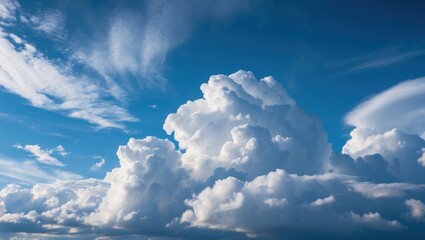 Sticker - Fluffy white clouds against a bright blue sky with wispy cloud formations and clear atmosphere, ideal for serene weather concepts Copy Space