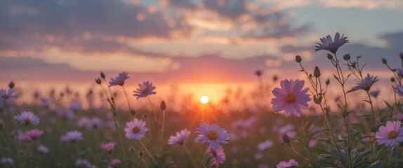 Sticker - Sunset over a Field of Wildflowers with Light Purple Blooms and Dramatic Cloudscape in Background Copy Space