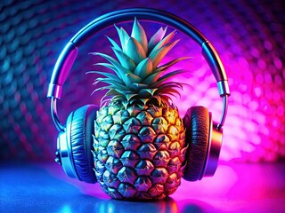 Wall Mural - Rule of thirds, neon pineapple headphones, futuristic sound.