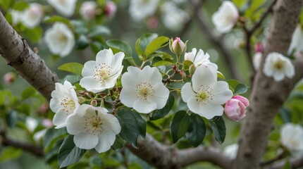 Canvas Print - Apple tree blossoms on branch with white flowers and pink buds in soft-focus garden background Copy Space