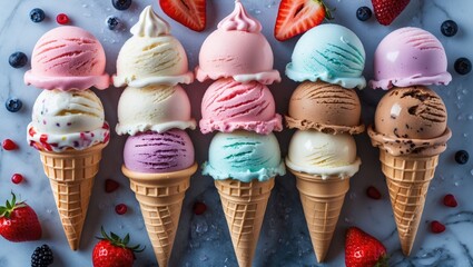 Canvas Print - Colorful assortment of ice cream scoops stacked on cones with fresh strawberries and blueberries on marble background Copy Space