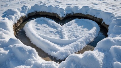 Wall Mural - Heart shape created in snow surrounding a body of water on a winter day with clear blue sky and white snow covering the ground