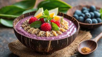 Canvas Print - Coconut bowl filled with smoothie topped with raspberries, mango, mint leaves, and sesame seeds with blueberries in background, Copy Space