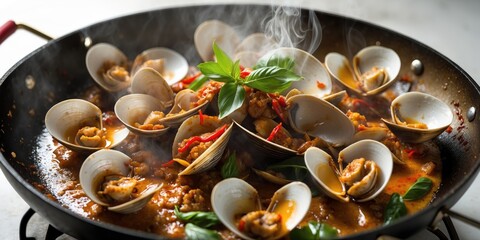 Wall Mural - Seafood dish with clams and shrimp in a spicy sauce garnished with fresh basil leaves in a large skillet on a marble surface with steam rising.