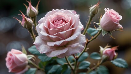 Wall Mural - Pink roses with buds on a green stem captured in natural light with blurred background Copy Space