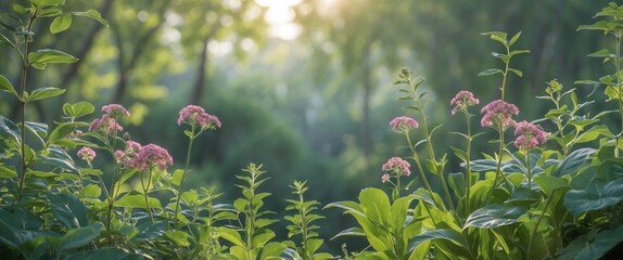 Wall Mural - Lush green foliage with pink flowers illuminated by soft morning light in a serene forest setting Copy Space