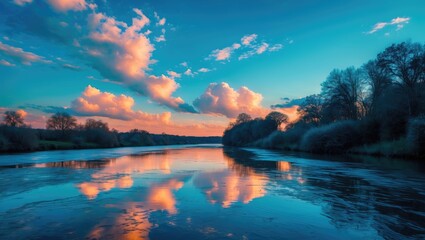 Sticker - Serene landscape with vibrant sunset reflections on calm river water surrounded by trees and clouds, ideal for serene outdoor imagery, Copy Space