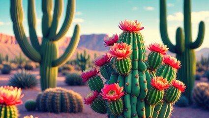 Wall Mural - Cacti in Bloom with Vibrant Flowers in Desert Landscape Scenic View Copy Space