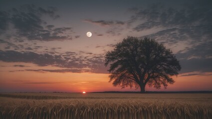 Sticker - Solitary tree silhouette against twilight sky with a rising moon and sunset over a wheat field, scenic landscape, Copy Space