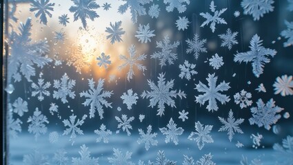 Sticker - Close-up of intricate snowflakes on a windowpane with soft golden sunlight in the background and a blurred winter landscape, Copy Space.