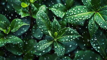 Canvas Print - Green leaves with water droplets on foliage in a natural outdoor setting Copy Space