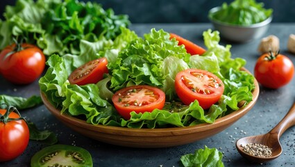 Poster - Fresh organic salad with tomatoes and lettuce on a wooden plate placed on a dark surface with additional ingredients in the background Copy Space