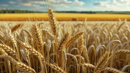 Wall Mural - Close-up of golden wheat ears against a blurred field background in sunny weather with blue sky Copy Space