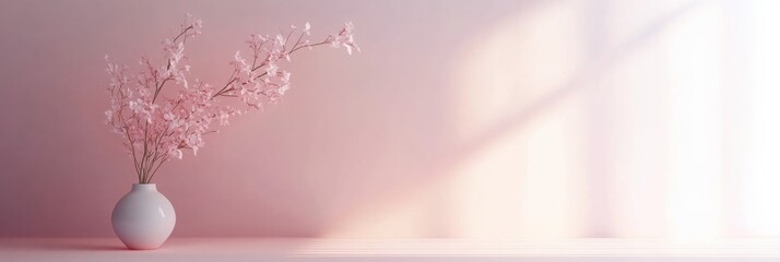 Poster - Blossoming cherry branches in a white vase on a soft pink backdrop with natural light streaming in. Generative AI