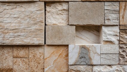 Canvas Print - Textured wall of various stone slabs in beige and cream tones with distinctive patterns and shapes suitable for background use. Copy Space.