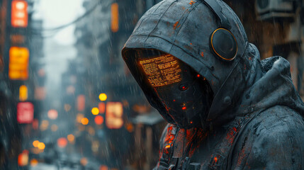 Poster - A futuristic cyberpunk figure with a digital face, wearing a hood and headphones, walking through a rainy neon-lit city
