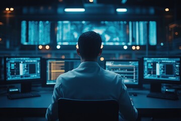 Poster - It specialist working on computer in data center control room monitoring multiple screens with world map and data