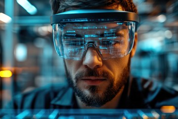 Poster - Industrial engineer wearing ar glasses working with futuristic interface in a modern factory