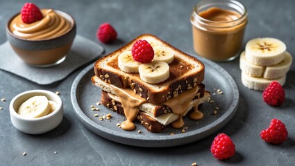 Canvas Print - Delicious peanut butter and banana sandwich with raspberries served on a gray plate with a side of dessert and hazelnut spread Copy Space