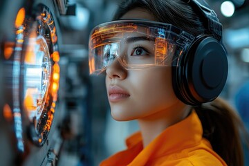 Aufkleber - Industrial engineer wearing augmented reality glasses and headphones working in a factory