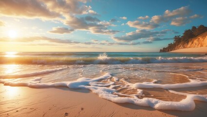 Wall Mural - Sunset over calm ocean waves on sandy beach with foamy surf and clouds in serene sky Copy Space