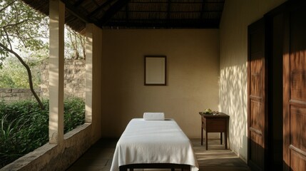 Wall Mural - Serene outdoor spa massage room, tropical setting, sunlight