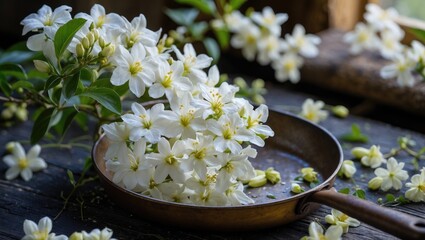 Canvas Print - White flowers arranged in a vintage metal bowl on a wooden surface with scattered petals and greenery Copy Space