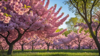 Canvas Print - Blossoming cherry trees in a sunny orchard with pink flowers and green grass in springtime landscape with Copy Space