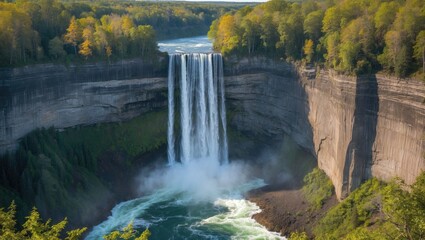 Wall Mural - Beautiful waterfall cascading down rocky cliffs surrounded by vibrant green foliage with river below and clear blue sky above Copy Space