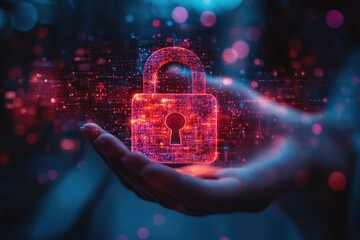 Poster - Businessman protecting digital data with futuristic padlock and binary code visualization
