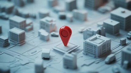Poster - Location pin marking precise urban destination, situated on minimalist white 3d city map featuring slow moving vehicles and architectural silhouettes